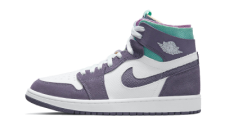 Tênis Air Jordan 1 High Zoom CMFT em cores roxo, branco e verde tropical com fundo branco e sombra sutil