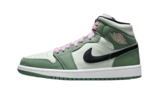 Tênis Air Jordan 1 Mid cor verde estilo Dutch Green sobre fundo branco claro com sombra sutil