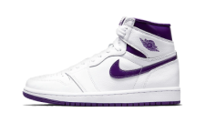 Tênis Air Jordan 1 Mid Dutch Green em branco e roxo com fundo branco e sombra sutil